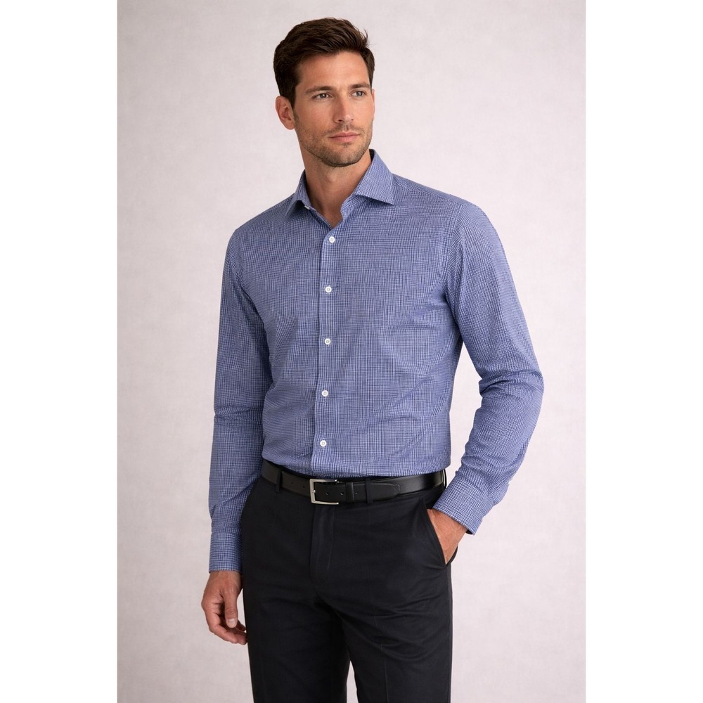 THEORY Men's Blue Micro Check‎ Dress Shirt Cotton Zack PS-Hilton Head LARGE